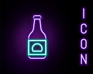 Glowing neon line Beer bottle icon isolated on black background. Colorful outline concept. Vector.