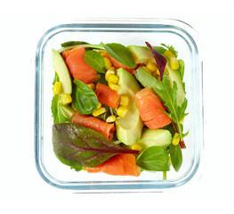 salmon salad in a square glass container