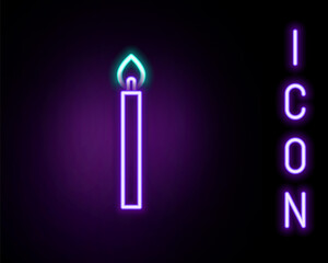 Glowing neon line Burning candle icon isolated on black background. Cylindrical candle stick with burning flame. Colorful outline concept. Vector.