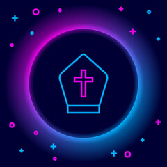 Obraz premium Glowing neon line Pope hat icon isolated on black background. Christian hat sign. Colorful outline concept. Vector.