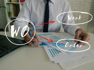 Conceptual photo about WO Work Order with handwritten phrase.Senior Man Checking A Document on background.