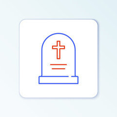 Fototapeta premium Line Tombstone with cross icon isolated on white background. Grave icon. Happy Halloween party. Colorful outline concept. Vector.