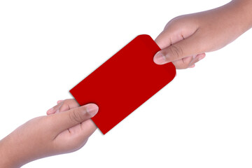 Human hand giving red envelopes (Angpao)