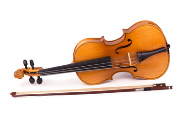 Fototapeta na wymiar Violin and bow on the white background