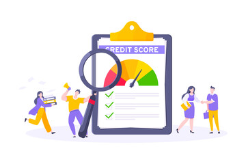 Credit score report with arrow gauge speedometer indicator with color levels on giant clipboard. Measurement from poor to excellent rating with tiny people shaking hands and run vector illustration