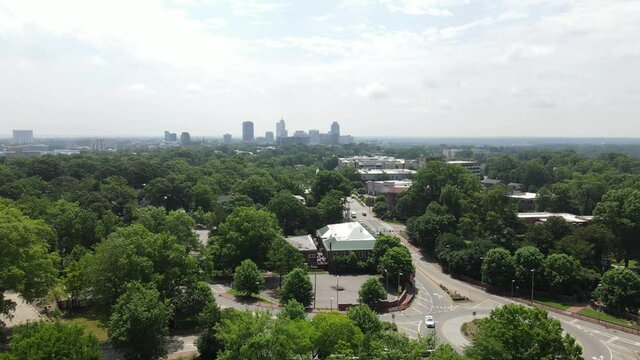 Aerial View of Raleign City Skyline, Home of North Caolina State University USA. Drone Shot