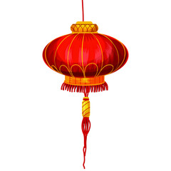 Realistic red lantern yellow silk tassel on white background. Happy Chinese New Year China spring festival decorative element design, 3d hanging circular & cylindrical shape fortune lamp illustration