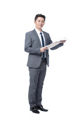 Obraz na płótnie Canvas Happy business man giving presentation on white background