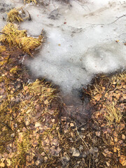 icy surface of frozen winter lake, after severe frosts, with cracks, waves, rough texture, icy air bubbles, scratches.