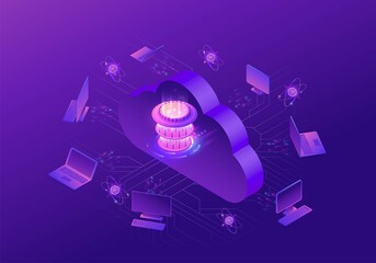 Quantum computer futuristic processor, chip with network, isometric vector illustration, glowing purple design, innovation cloud computing technology