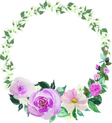 Flower roses and green leaves wreath, watercolor painting artwork illustration vector