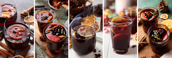 Collage with glasses of tasty mulled wine on table