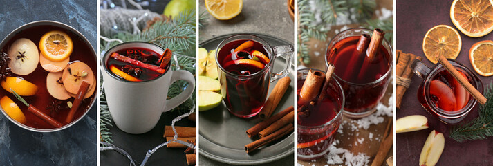 Fototapeta na wymiar Collage of tasty mulled wine on table