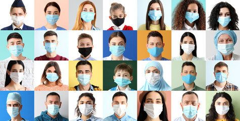 Collage of different people wearing protective masks