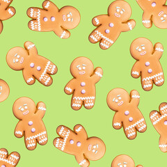 Tasty gingerbread cookies on color background