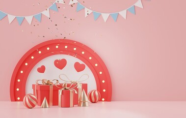 3d rendering of minimal scene of blank space with Valentine's Day theme. Display stage for product presentation mock up. Stand in sweet lovely pink color with lovely gifts box.