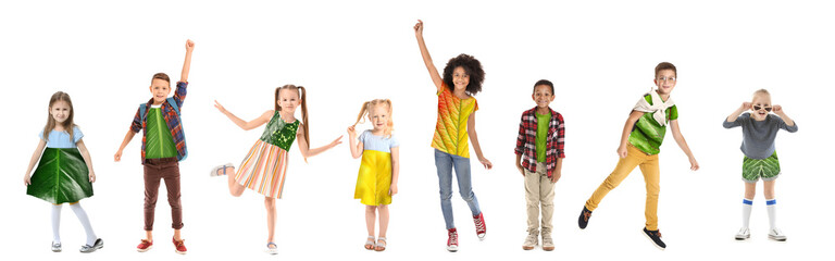 Different children in eco clothes on white background