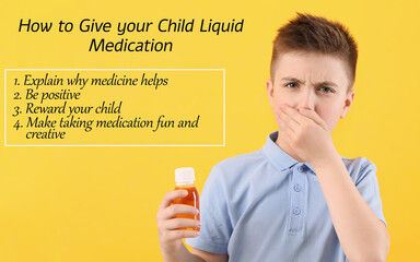Ill little boy with cough syrup in bottle and recommendations how to give child liquid medication...