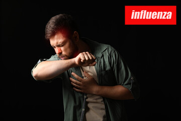 Coughing man ill with influenza on dark background