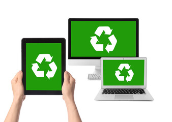 Different modern devices with recycling signs on screens against white background. Ecology concept