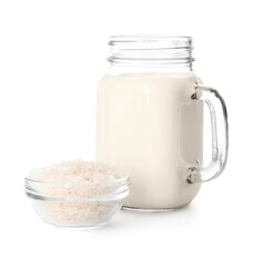 Mason jar of rice milk on white background
