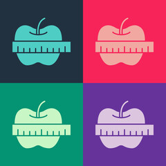 Pop art Apple and measuring tape icon isolated on color background. Excess weight. Healthy diet menu. Fitness diet apple. Vector.