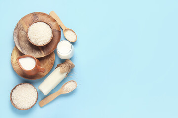 Healthy rice milk on color background