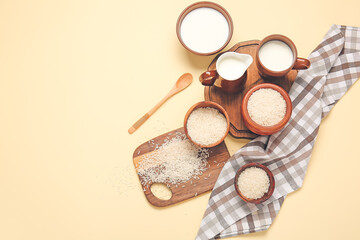 Healthy rice milk on color background