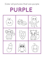 Color recognition for kids. Color all picture that should be purple.