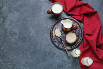 Healthy rice milk on dark background