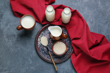 Healthy rice milk on dark background