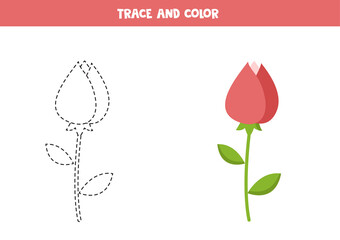 Trace and color cartoon valentine rose. Funny worksheet for kids.