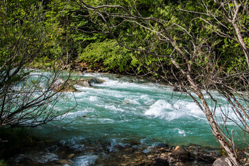 Ruta de senderismo de la cola de Caballo por el r&iacute;o con cascadas. Torla, parque nacional de Ordesa y Monte Perdido
