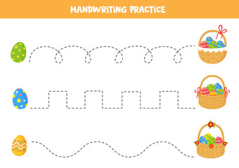 Trace the lines between Easter eggs and baskets. Writing practice for children.