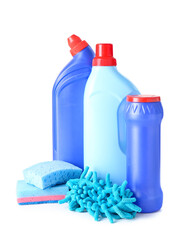 Set of cleaning supplies on white background