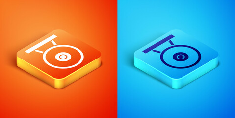 Isometric Gong musical percussion instrument circular metal disc icon isolated on orange and blue background. Vector.