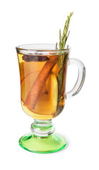 Tasty drink with spices and apple slices in cup on white background