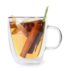 Tasty drink with spices and apple slices in cup on white background