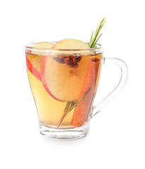 Tasty drink with spices and apple slices in cup on white background