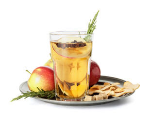 Tasty drink with spices and apple slices in glass on white background