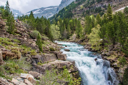 Ruta de senderismo de la cola de Caballo por el r&iacute;o con cascadas. Torla, parque nacional de Ordesa y Monte Perdido