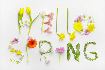 Text HELLO SPRING made of flowers on white background - Powered by Adobe