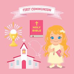 Cute girl first communion event with sacrament, pink bible, rosary and church bundle clip art. Flat vector design.