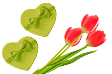 Valentine's Day. Bouquet of bright red tulips and two green heart shaped gift boxes on white isolated background