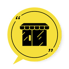 Black Shopping building or market store icon isolated on white background. Shop construction. Yellow speech bubble symbol. Vector.