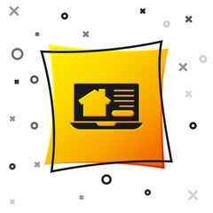 Black Online real estate house on laptop icon isolated on white background. Home loan concept, rent, buy, buying a property. Yellow square button. Vector.