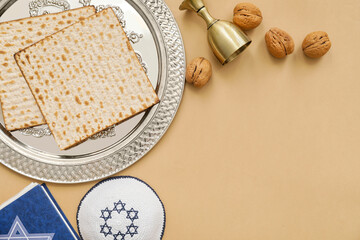 Festive composition for Passover celebration on color background