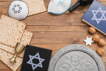 Festive composition for Passover celebration on wooden background