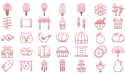 Chinese new year red gradations outline traditional icon set. Included as firecracker, temple, plum, fan, noodle, lantern, lamp and more, EPS 10 ready convert to SVG
