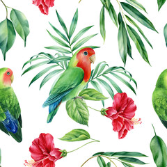 Lovebirds, Parrots and palm leaves, tropical flowers on white background, watercolor botanical. Seamless patterns.